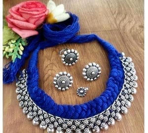 Oxidized Silver Blue Thread Ghungroo Choker Necklace Set with Earrings & Ring Oxidized Silver Blue Thread Ghungroo Choker Necklace Set with Earrings & Ring