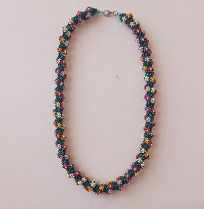 Handcrafted Multi-Color Beaded Floral Necklace - Green Base Handcrafted Multi-Color Beaded Floral Necklace - Green Base