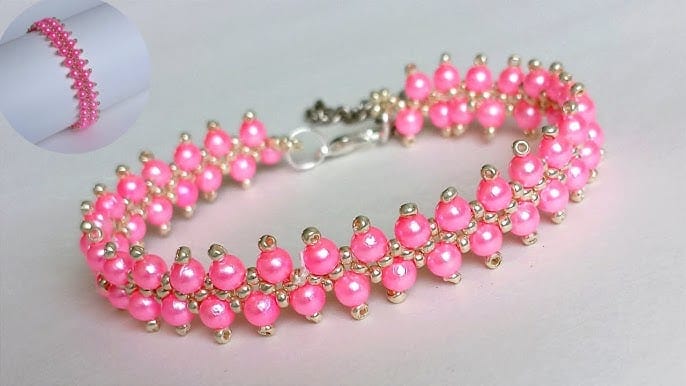 Elegant Pink Beaded Bracelet with Gold Accents for Women