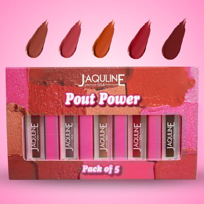 Jaquline USA Pout Power Set of 5 Liquid Lipstick  | Water Proof | Smudge Proof | Transfer Proof |Long Lasting | Hydrating & Lightweight| (5x1.25ml)