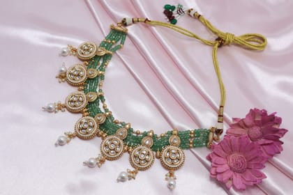 Kundan & Pearl Gold-Plated Green Beaded Choker Necklace Set with Earrings