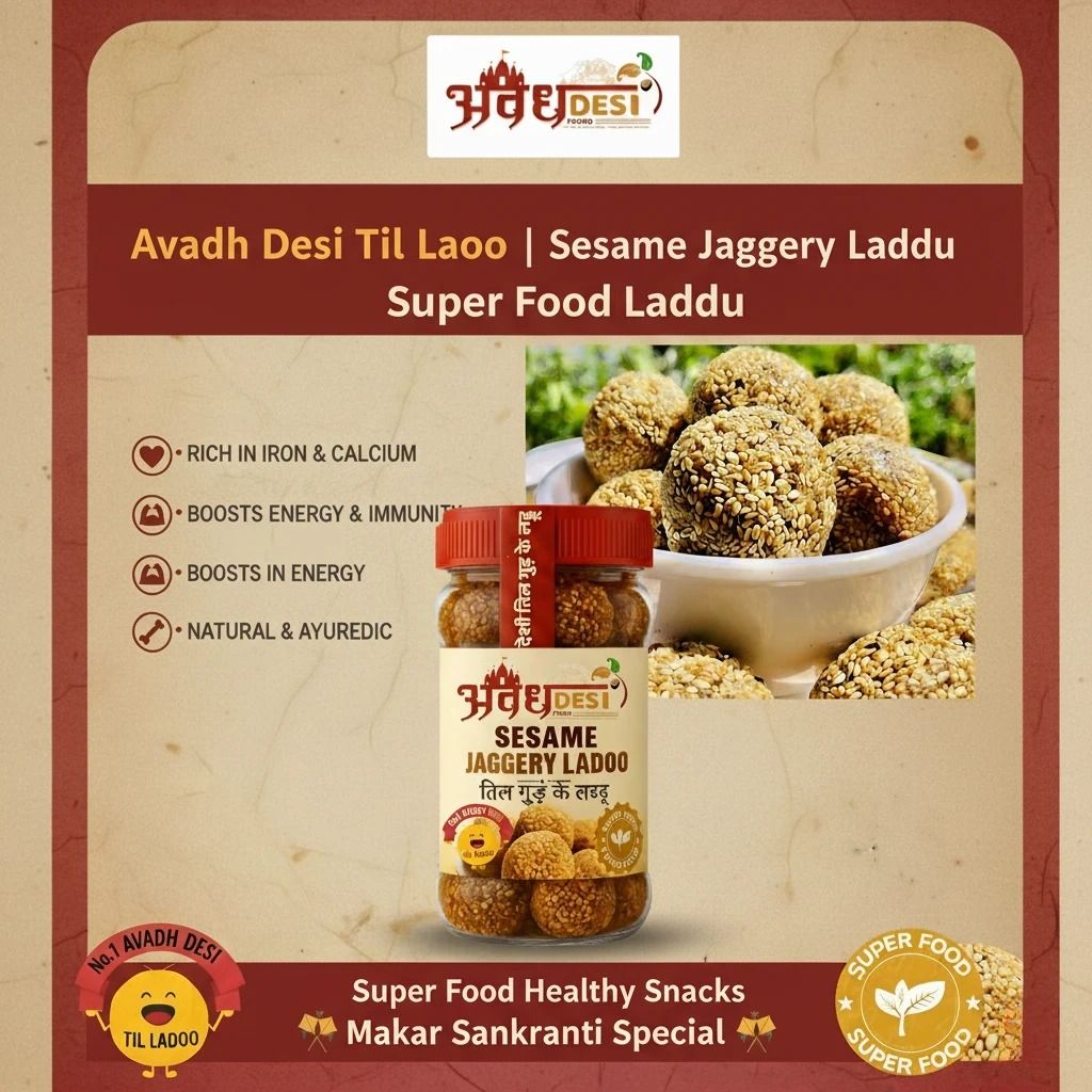 Avadh Desi Foods Winter Special Til Ladoo | Desi Mithas Til Treat | फेस्टिव गोल्ड तिल लड्डू | Authentic Awadhi Til Ladoo Delight – Festive Edition |  Shuddh Ghee Til Mitha | Signature Til Mithai ( 500_G )