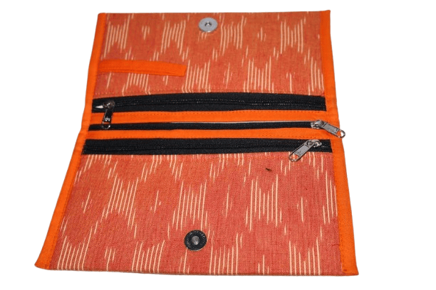 Handcrafted Orange Ikat Pattern Fabric Travel Wallet Clutch with Zipper Pockets