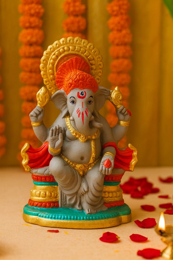 Exquisite Seated Lord Ganesha Idol with Red & Gold Accents