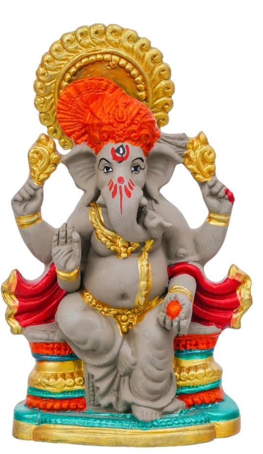 Exquisite Seated Lord Ganesha Idol with Red & Gold Accents