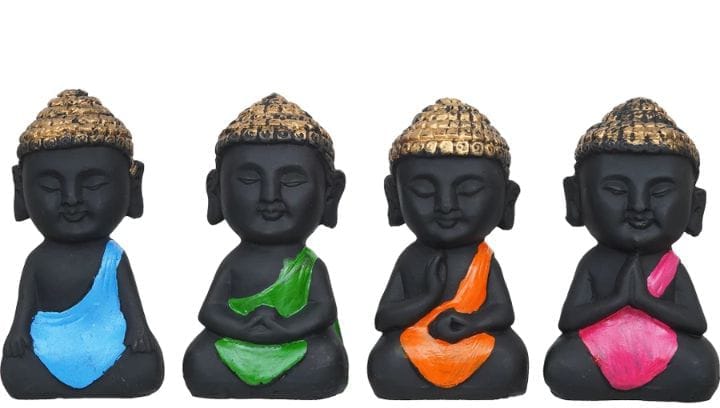 Set of 4 Mini Monk Buddha Idols Figurines for Home Decor, Car Dashboard & Gifting