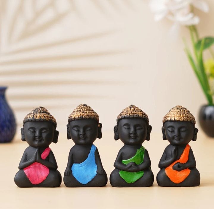 Set of 4 Mini Monk Buddha Idols Figurines for Home Decor, Car Dashboard & Gifting