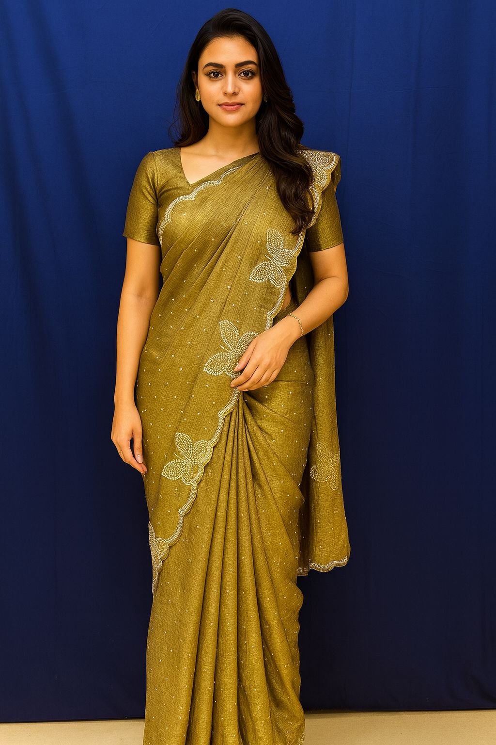 Golden Brown Silk Blend Saree with Intricate Butterfly Embroidery
