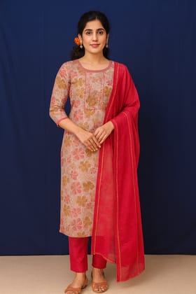 Women's Floral Embroidered Chanderi Cotton Kurta Set with Magenta Dupatta