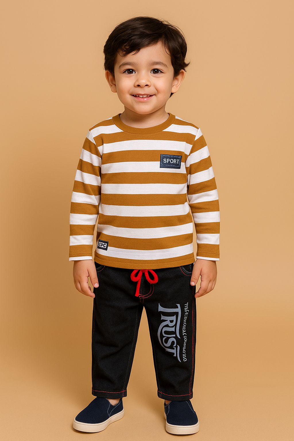 Boys' Striped Full Sleeve T-Shirt & Dark Grey Track Pants Set