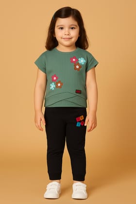 Girls Sea Green Floral Applique Ribbed Top & Black Track Pants Set