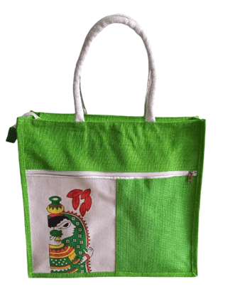 Vibrant Green Jute Tote Bag with Hand-Painted Pattachitra Art Patch