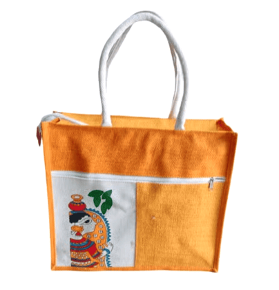 Vibrant Orange Jute Tote Bag with Hand-Painted Kalamkari Art Design Vibrant Orange Jute Tote Bag with Hand-Painted Kalamkari Art Design