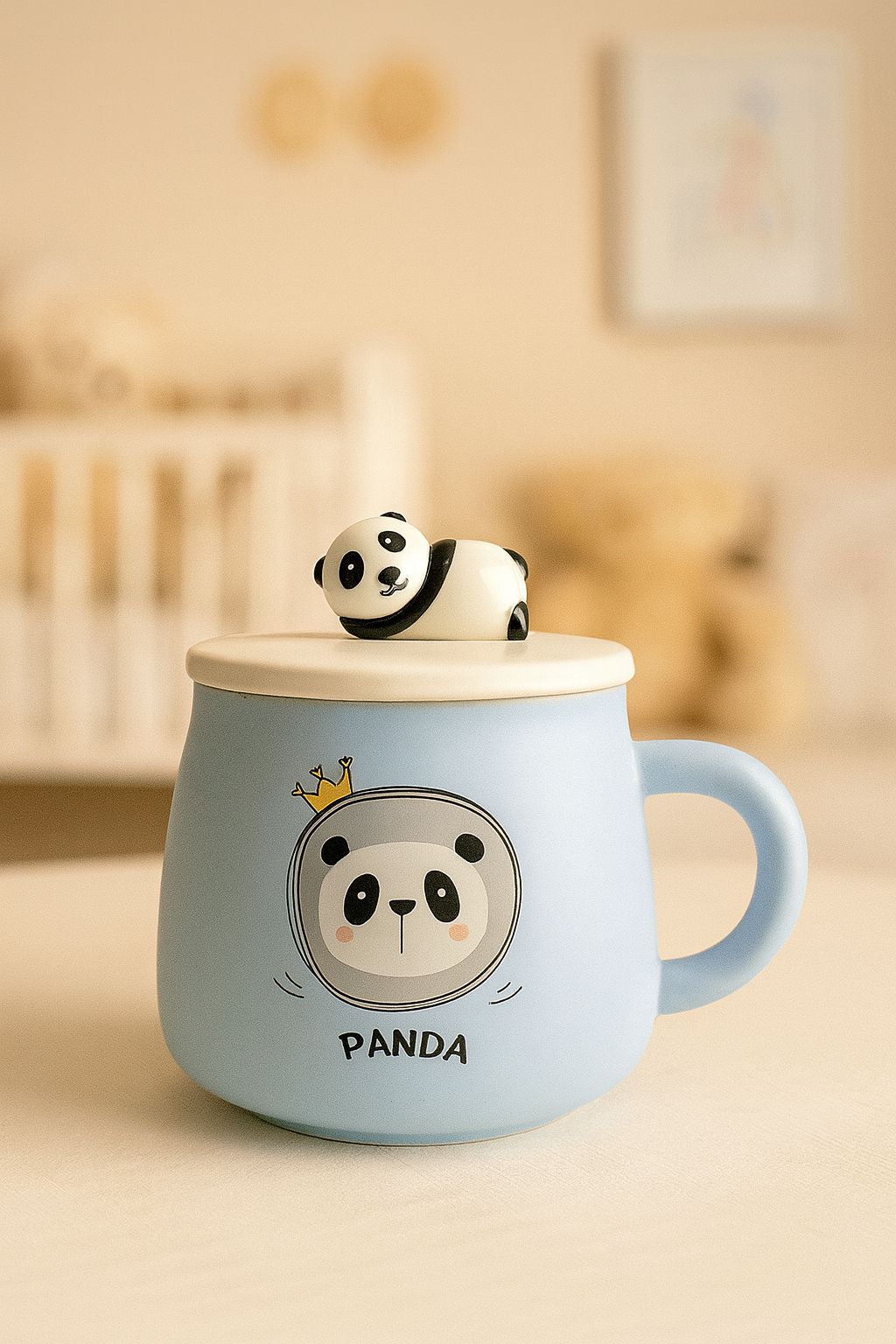 Cute Panda Ceramic Mug with Lid & 3D Panda Figurine - Light Blue Tea Coffee Cup