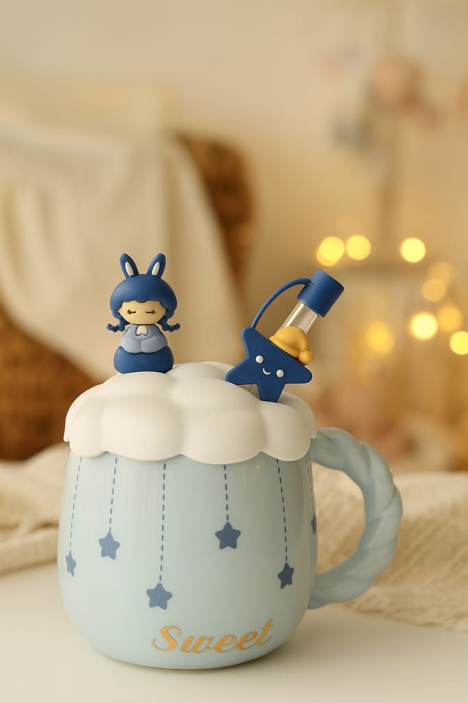Cute Cloud & Star Light Blue Ceramic Mug with Bunny Figure Lid and Straw