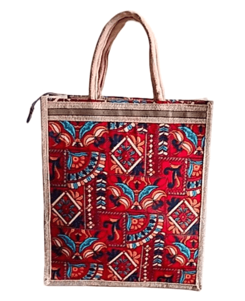 Vibrant Red Printed Cotton Blend Tote Bag with Zipper for Women