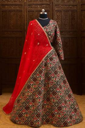 Black & Red Embroidered Poly Silk Lehenga Choli with Net Dupatta