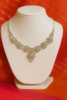 Elegant Silver-Toned Pearl & Crystal Floral Necklace for Women Elegant Silver-Toned Pearl & Crystal Floral Necklace for Women