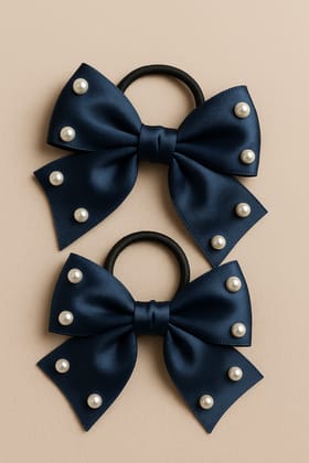 Pearl Embellished Navy Blue Satin Bow Hair Ties (Set of 2) Pearl Embellished Navy Blue Satin Bow Hair Ties (Set of 2)