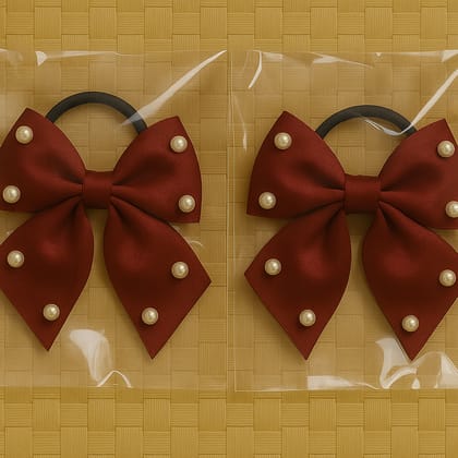 Elegant Dark Red Bow Hair Ties with Pearl Accents - Pack of 2 Elegant Dark Red Bow Hair Ties with Pearl Accents - Pack of 2