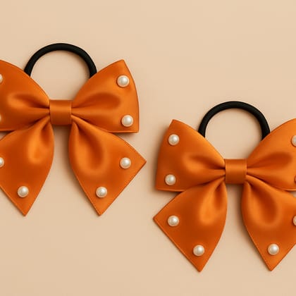 Elegant Orange Satin Hair Bows with Pearl Embellishments - Pack of 2 Hair Ties