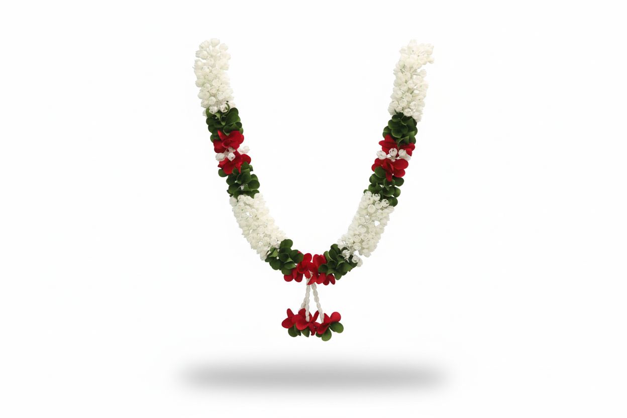 Artificial White Red Green Floral Garland for Pooja and Festive Decor