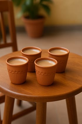 Traditional Terracotta Clay Kulhad Tea Coffee Cups Set of 4, Rustic Earthy Chai Kulhads
