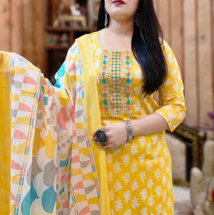 Women's Yellow Printed Cotton Kurti with Embroidered Yoke & Dupatta