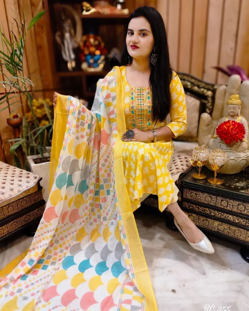 Women's Yellow Printed Cotton Kurti with Embroidered Yoke & Dupatta