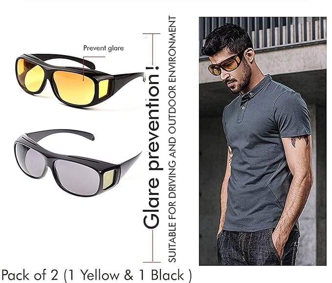 HD Vision Day & Night Unisex Goggles | Anti-Glare Polarized Sunglasses for Men & Women | UV Protection Driving Glasses for Cars & Bikes – Pack of 2 (Yellow & Black Lenses)