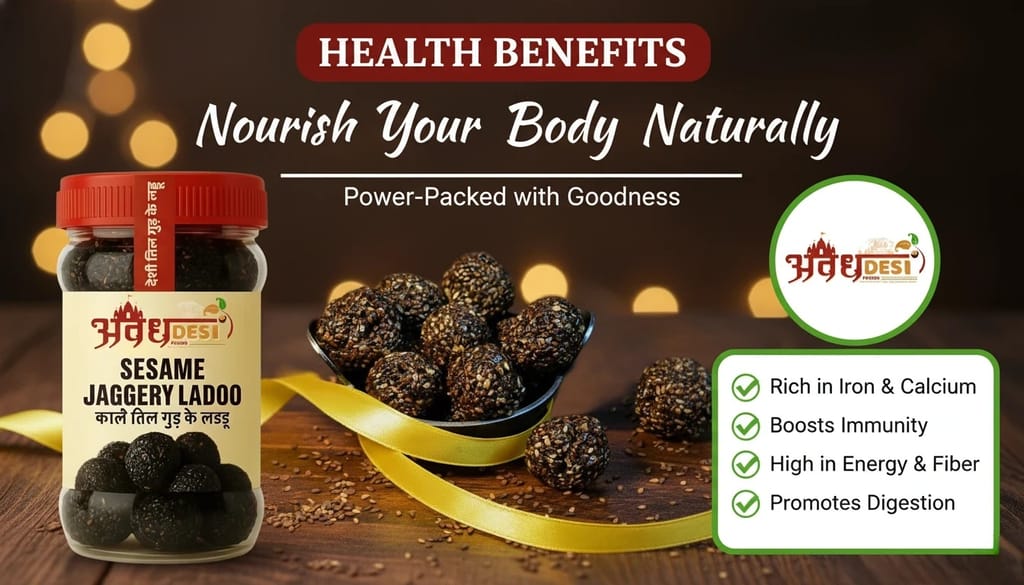 Avadh Desi Til Ladoo | Black Til Gur Laddu | Handmade Desi Sweet | Natural Energy Booster Kale Til Gur Laddu | Authentic Sesame Jaggery Sweet | No Preservatives ( 500g )