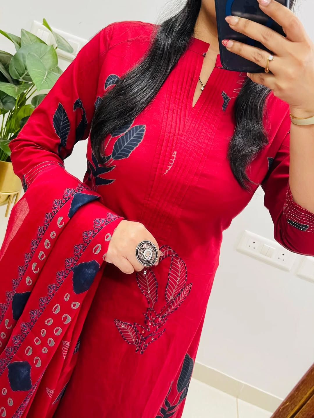 Women's Red Printed & Embroidered Cotton Kurta Suit Set