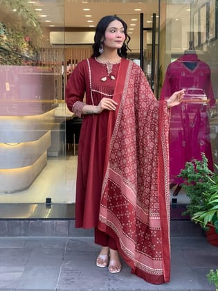 Maroon Rayon Sequin Work Kurta with Printed Dupatta & Solid Pants Set