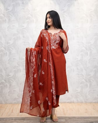 Women's Embroidered Terracotta Cotton Blend Kurta Set with Dupatta