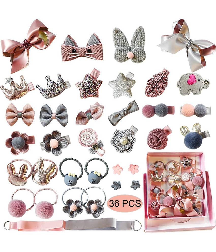 FOK Set of 36 Pieces Fancy Headwear Accessories For Baby Girls/Toddlers - Pink, Grey
