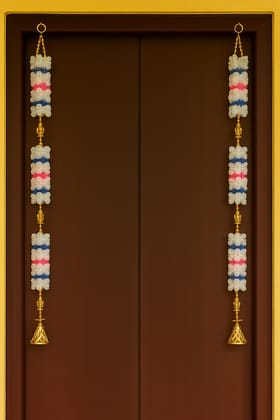 Traditional Indian Door Hanging Toran with Artificial Flowers and Bells White, Blue, Pink - Pair