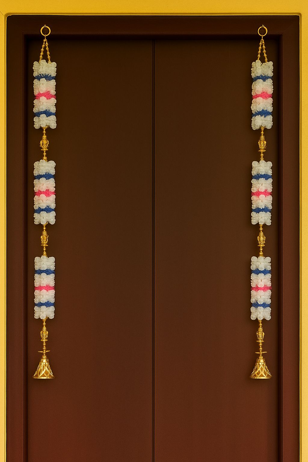 Traditional Indian Door Hanging Toran with Artificial Flowers and Bells White, Blue, Pink - Pair