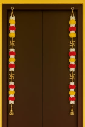 Traditional Swastika Pom-Pom Door Hanging Toran - Festive Decorative Pair