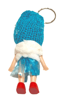 Cute Doll Keychain with Teal Knitted Cap & Golden Detail for Bags & Keys