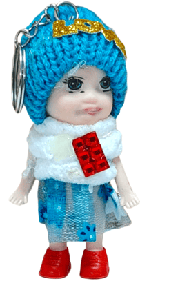 Cute Doll Keychain with Teal Knitted Cap & Golden Detail for Bags & Keys