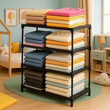  Wardrobe 6 Shelves Storage Clothes Storage Rack Quick Wardrobe/Cabinet/Multipurpose Storage Rack, Foldable, Collapsible Fabric Organizer for Home Office (Black, 4)