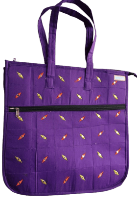 Stylish Quilted Purple Cotton Tote Bag with Colorful Embroidery