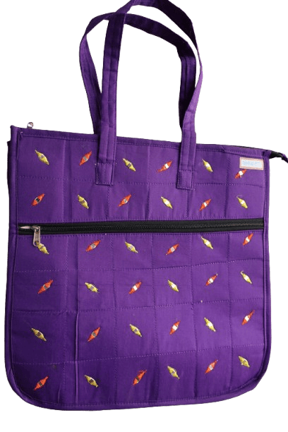 Stylish Quilted Purple Cotton Tote Bag with Colorful Embroidery
