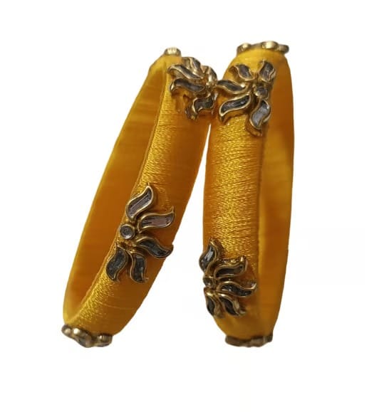 Vibrant Yellow Silk Thread Bangles with Floral Embellishments (Pair)