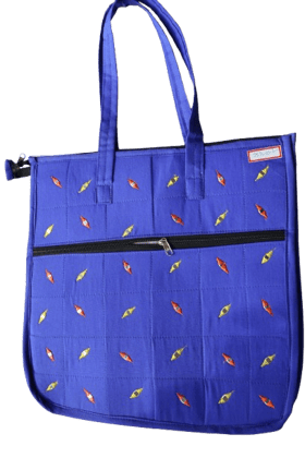 Royal Blue Quilted Cotton Tote Bag with Colorful Embroidery