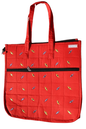 Vibrant Red Quilted Tote Bag with Colourful Leaf Embroidery Vibrant Red Quilted Tote Bag with Colourful Leaf Embroidery