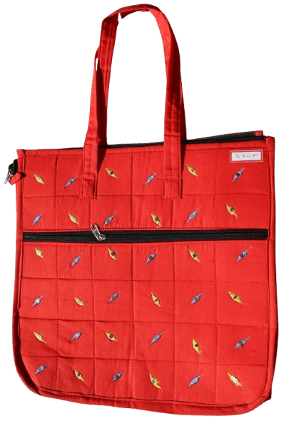 Vibrant Red Quilted Tote Bag with Colourful Leaf Embroidery