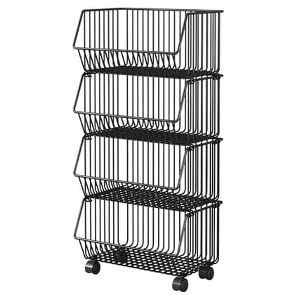  4-Tier Mesh Metal Kitchen Trolley with Wheels, Storage Organizer Rack (Black)