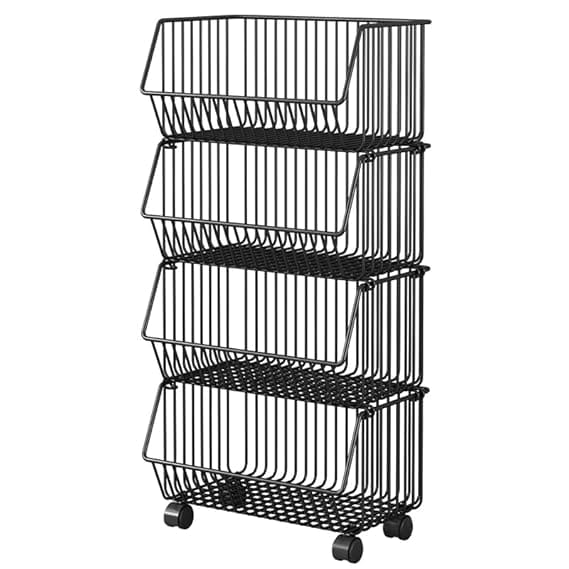  4-Tier Mesh Metal Kitchen Trolley with Wheels, Storage Organizer Rack (Black)