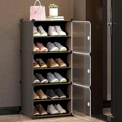  𝟔 𝐒𝐡𝐞𝐥𝐟 DIY Shoe Rack Box Organizer | Multi-Purpose Plastic Shoe Rack for Home | Home Storage Shoe Rack with Door for Entryway, Chappal Slipper Sandals Shoe Stand【Grey, 6-Shelf-3-Door】